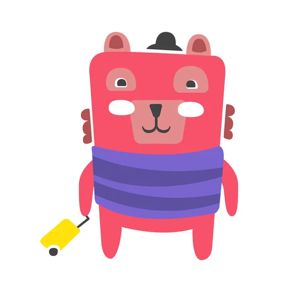 Bavul sevimli pembe bir oyuncak ayı dururken. Komik güzel hayvan renkli karikatür karakter vektör çizim — Stok Vektör
