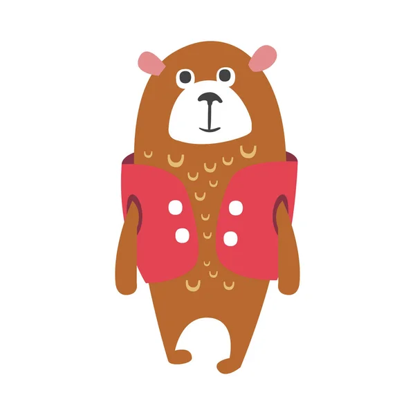 Urso de pelúcia marrom bonito desenhos animados em cerise colete de pé. Engraçado lindo animal colorido personagem vetor Ilustração — Vetor de Stock