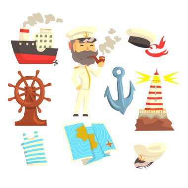 Kaptan ile yasaktır boru, etiket tasarımı için ayarla. Renkli karikatür çizimler ayrıntılı