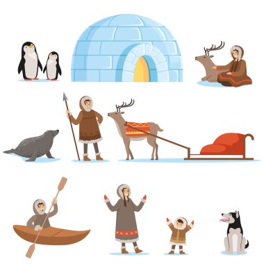 Eskimo characters in traditional clothing and their arctic animals. Life in the far north. Set of colorful cartoon detailed vector Illustrations clipart