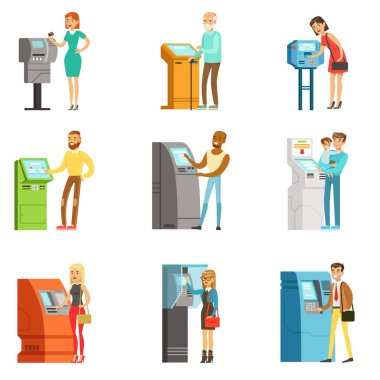 Elektronik öz kullanan kişiler terminalleri hizmet. Ödeme ve para almak. ATM makine para yatırma ve çekme. Renkli karikatür detaylı vektör çizimler kümesi