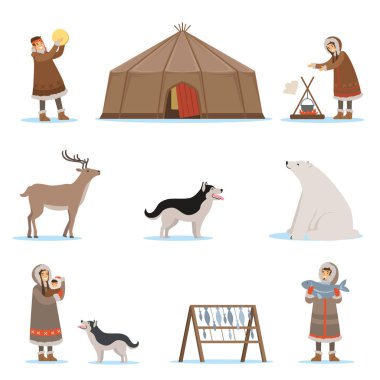 Eskimo karakterler geleneksel kıyafetleri, kutup hayvanları, Eskimo evi. Kuzey hayatta. Renkli karikatür detaylı vektör çizimler kümesi