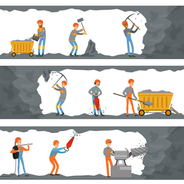 Профессиональные шахтеры, работающие в шахте. Угольная промышленность, валы со многими уровнями и бытовой техникой
