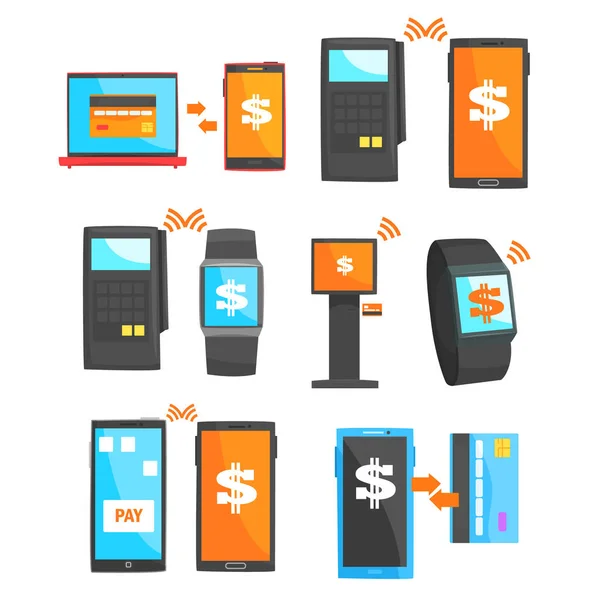 Mobiel betalen en andere betalingsmethoden voor labelontwerp ingesteld. Kleurrijke cartoon gedetailleerde vector illustraties — Stockvector