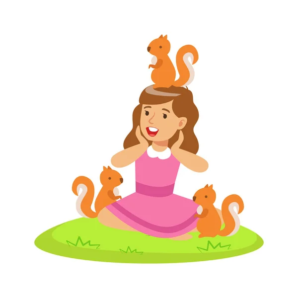 Smiling happy girl sitting on green grass and playing with red squirrels. Colorful cartoon character vector Illustration — Stock Vector