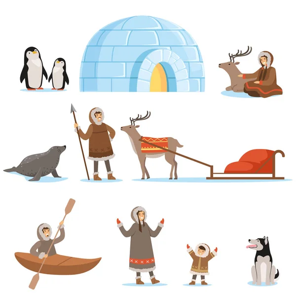 Personagens esquimós em roupas tradicionais e seus animais árticos. A vida no extremo norte. Conjunto de desenhos animados coloridos detalhado vetor Ilustrações — Vetor de Stock