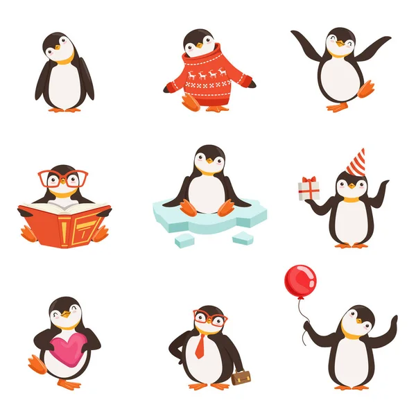 Lindos pequeños personajes de dibujos animados de pingüinos para el diseño de etiquetas. Coloridas ilustraciones vectoriales detalladas — Archivo Imágenes Vectoriales