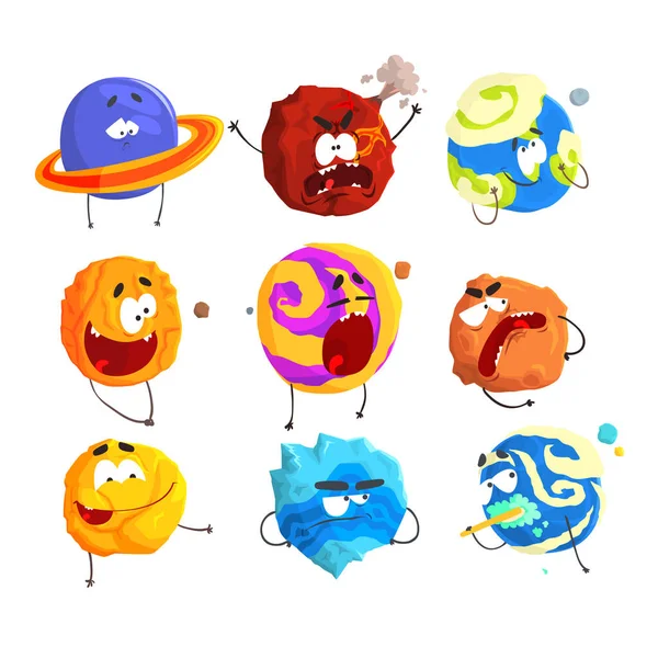 Farbenfrohe Cartoon-Planeten mit lustigen Gesichtern und unterschiedlichen Emotionen, die für das Etikettendesign vorgesehen sind. Detaillierte Vektorillustrationen — Stockvektor
