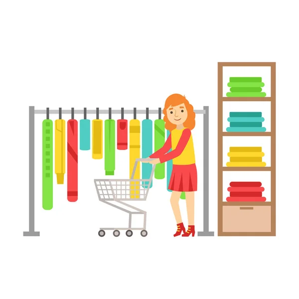 Mujer de compras en la tienda de ropa, ilustración de vectores de colores — Vector de stock