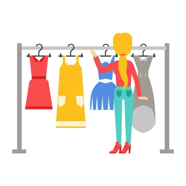Kvinnan att välja klänningar under shopping eller vara i officersmässen hemma, köpcentrum eller store, färgglada vektorillustration — Stock vektor