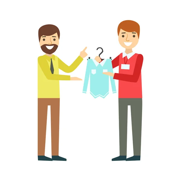 Homme choisissant chemise pendant les achats de vêtements au magasin de vêtements, illustration vectorielle colorée — Image vectorielle