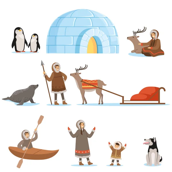 Eskimo characters in traditional clothing and their arctic animals. Life in the far north. Set of colorful cartoon detailed vector Illustrations — Stock Illustration Eskimo characters in traditional clothing and their arctic animals. Life in the far north. Set of colorful cartoon detailed vector Illustrations Stock Vector