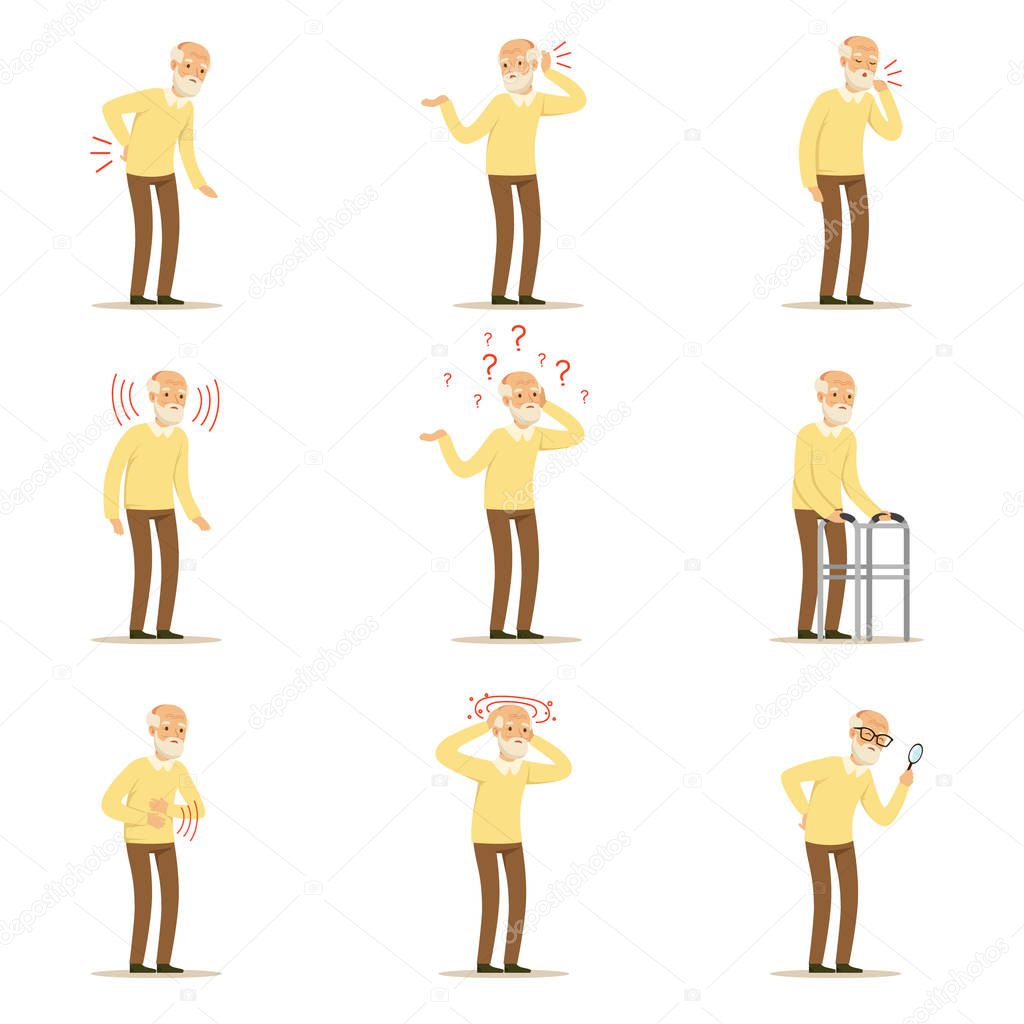 Elderly man diseases, pain problem in back, neck, arm, heart, knee and head. Senior health set of colorful cartoon characters detailed vector Illustrations