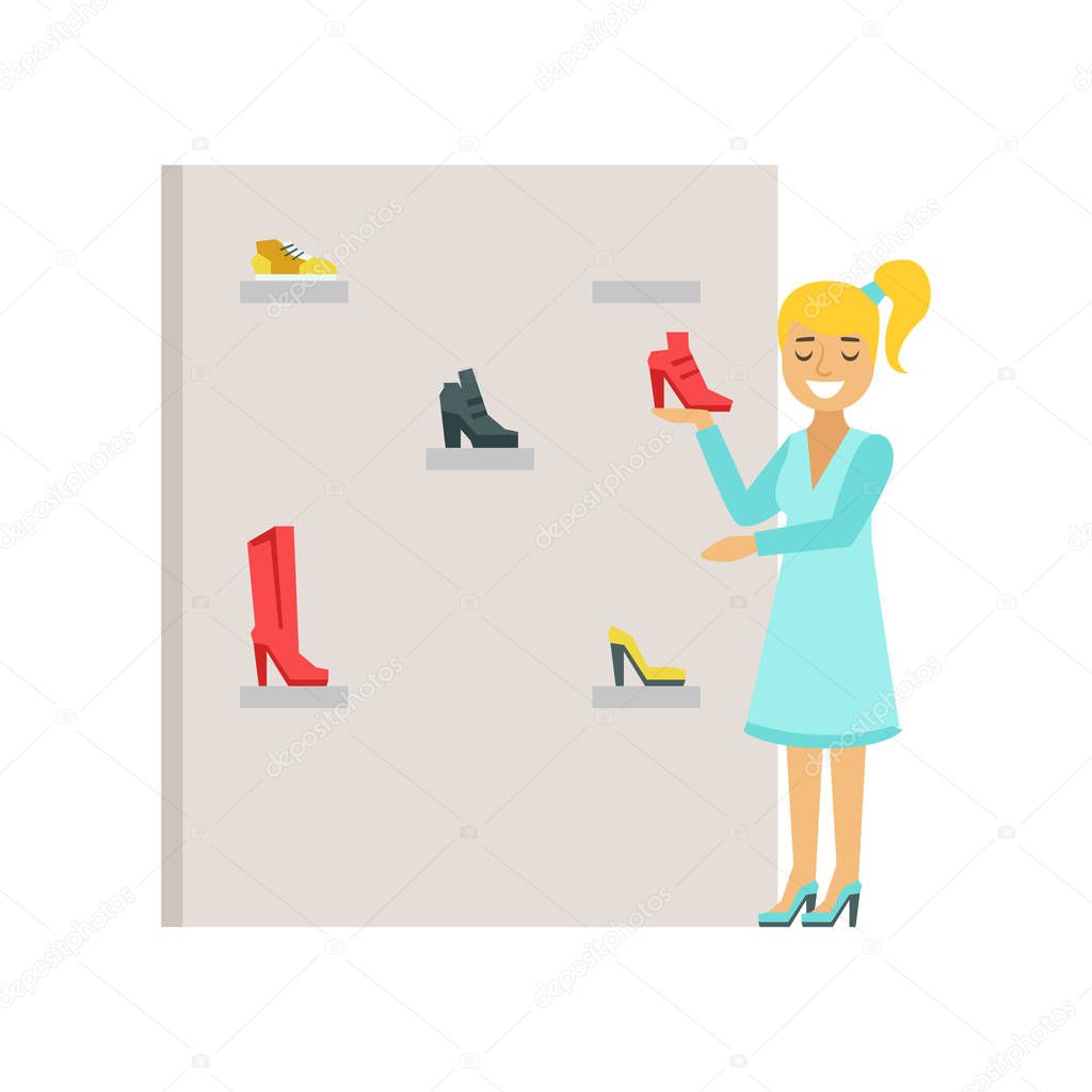 Blond woman choosing shoes in a shoes store, colorful vector illustration