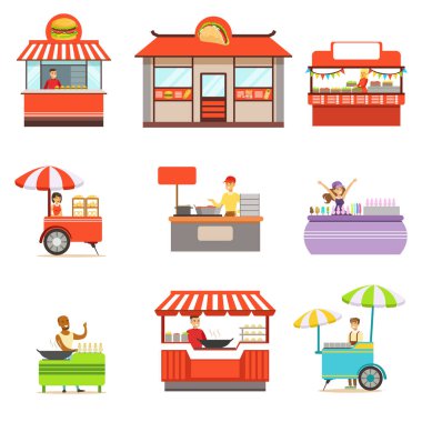 Sokak gıda Kiosk ayarla olmadan ve seyyar satıcı hizmet Fast Food vektör çizimler gülümseyen