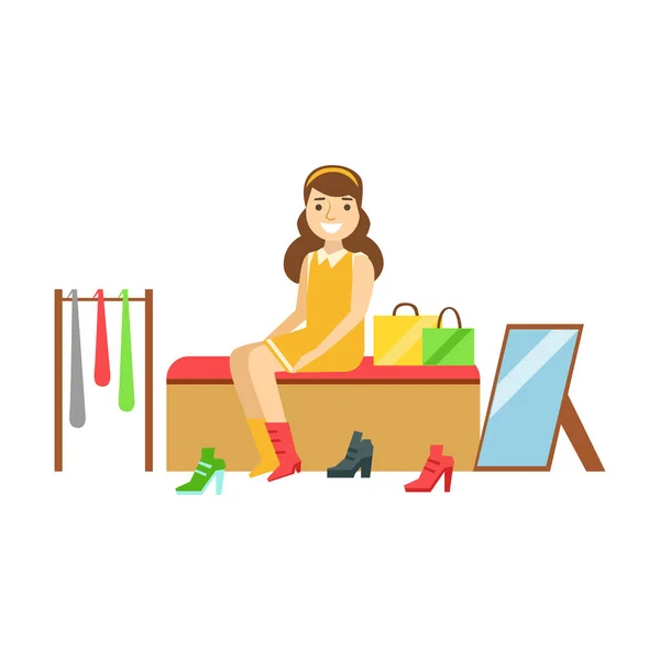 Γυναίκα που προσπαθεί με διάφορα ζευγάρια των νέα παπούτσια στο κατάστημα, πολύχρωμο διανυσματικά εικονογράφηση — Διανυσματικό Αρχείο