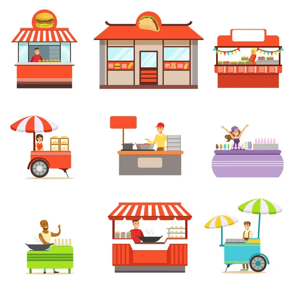 Quiosco de comida callejera establecido sobre ruedas y sin proveedor sonriente que sirve ilustraciones vectoriales de comida rápida — Vector de stock