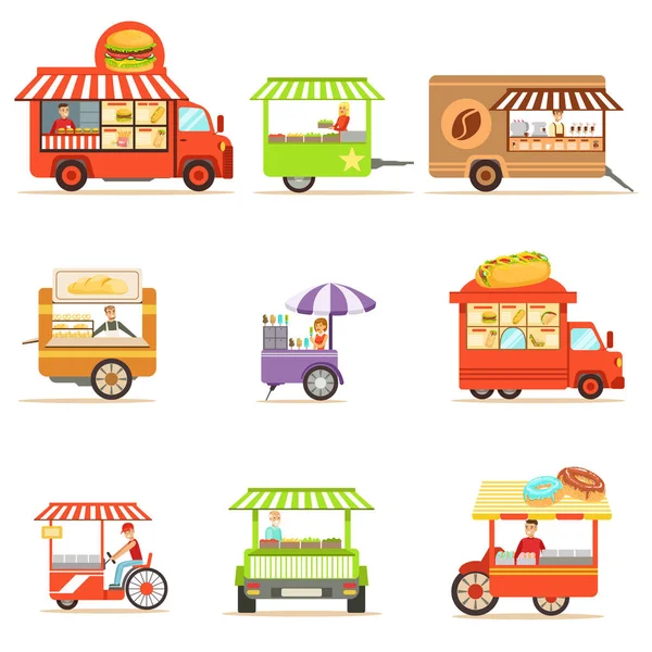 Colección de kioscos de comida callejera sobre ruedas y sin proveedor sonriente que sirve ilustraciones vectoriales de comida rápida — Vector de stock