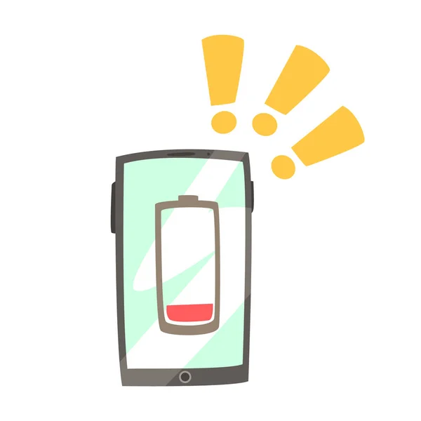 Smartphone met lage batterijsymbool op het scherm. Kleurrijke cartoon afbeelding — Stockvector