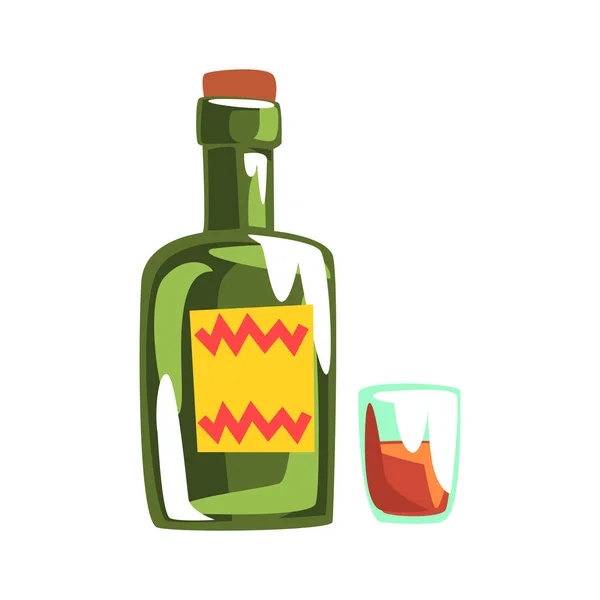 Whiskeyflasche und Glas. Bunte Cartoon-Illustration — Stockvektor