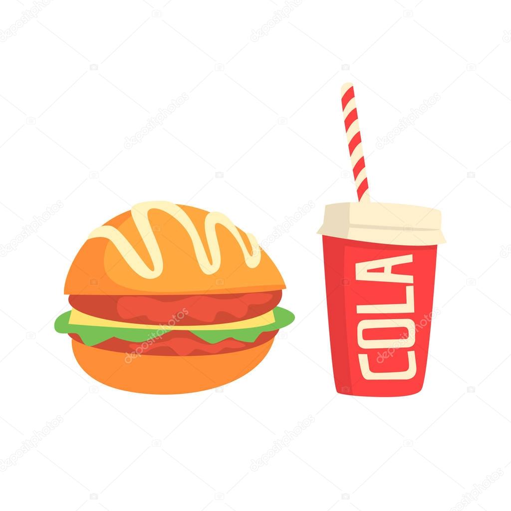 Burger and cola, fast food products. Colorful cartoon Illustration