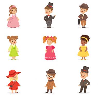 Şık Festival giysileriyle şirin çocuk. Retro kostümleri çocuklara renkli çizimler karikatür