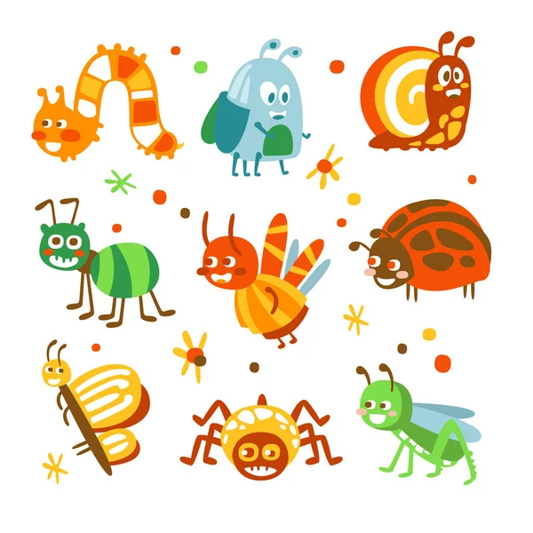 Tecknade roliga insekter och buggar set. Färgglada samling söt insekt illustrationer — Stock vektor