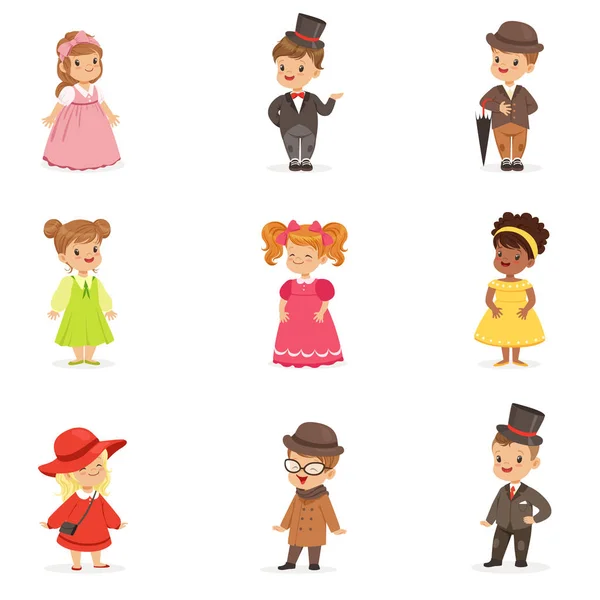 Crianças bonitas em roupas festivas elegantes. Crianças em trajes retro desenhos animados ilustrações coloridas — Vetor de Stock
