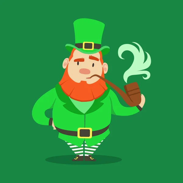 Cute cartoon dwarf Leprechaun standing with smoking pipe. Saint Patricks Day colorful character — Stock Vector