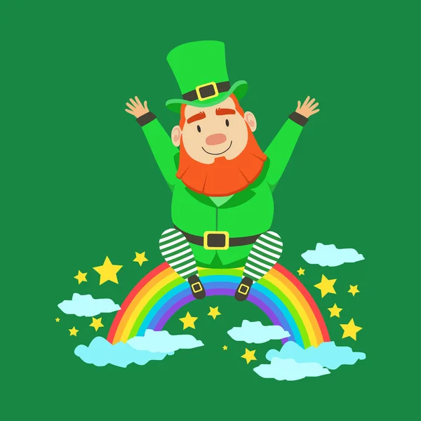 Söta tecknade dvärg Leprechaun sitter på en regnbåge. Saint Patricks Day färgstarka karaktär vektor — Stock vektor