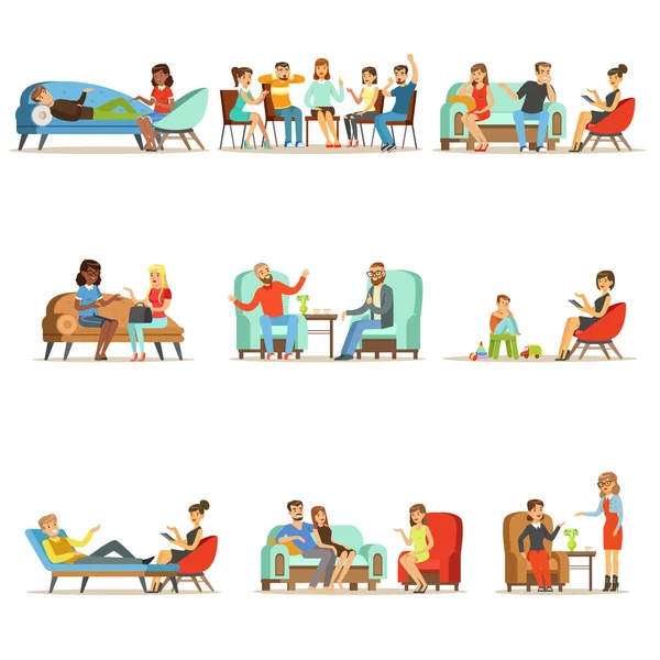 Patienten bei einem Empfang in den Psychotherapien. Menschen im Gespräch mit Psychologen. Psychotherapie-Beratung, bunte Illustrationen — Stockvektor