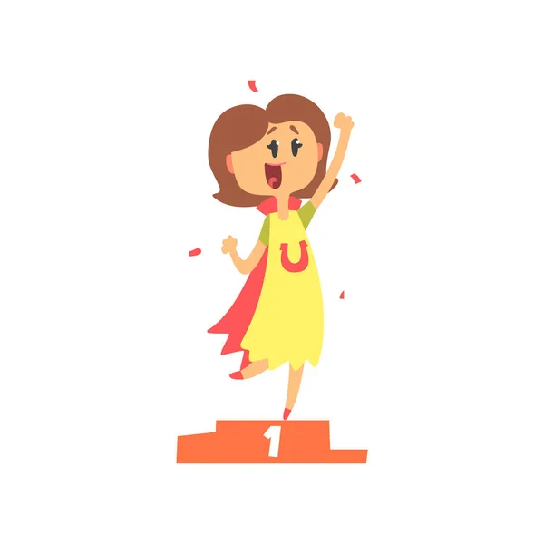 Mignon dessin animé femme debout sur le podium gagnant et tenant son poing vers le haut. Illustration vectorielle de caractères colorés — Image vectorielle