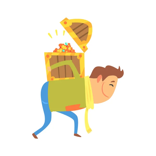 Kreslený muž nesoucí truhlu s pokladem na zádech. Barevný charakter vektorové ilustrace — Stockový vektor