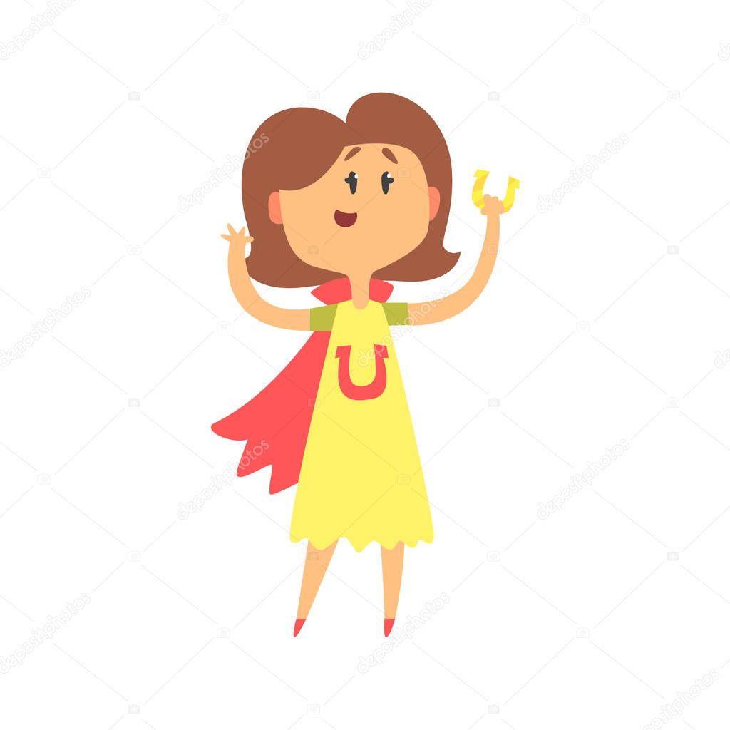 Cute cartoon woman standing and holding horeshoe. Colorful character vector Illustration