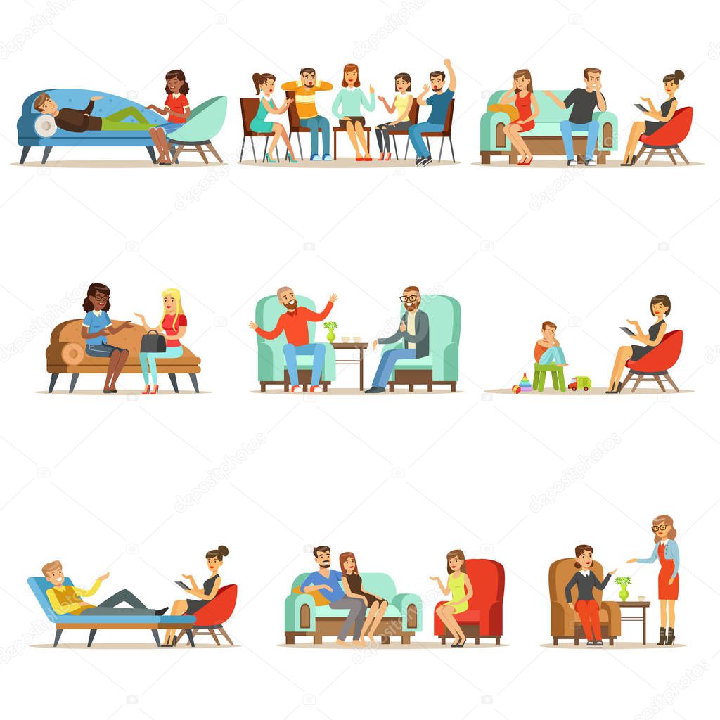 Patients at a reception at the psychotherapies. People talking to psychologist. Psychotherapy counseling, colorful Illustrations