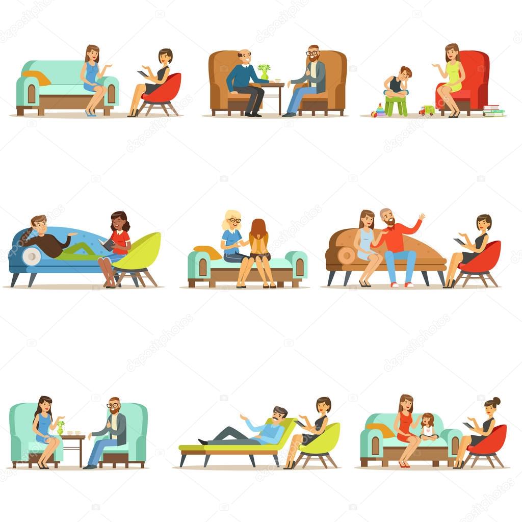 People talking to psychologist. Patients at a reception at the psychotherapies. Psychotherapy counseling, colorful Illustrations
