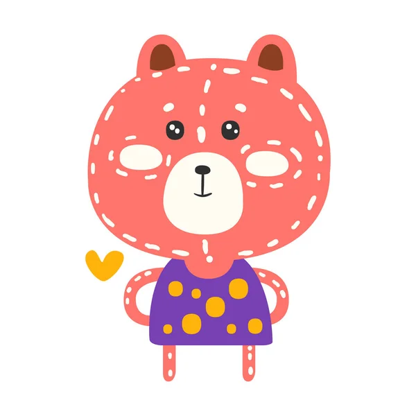 Mignon ours en peluche rose en robe violette debout. drôle belle animal coloré dessin animé personnage vecteur illustration — Image vectorielle