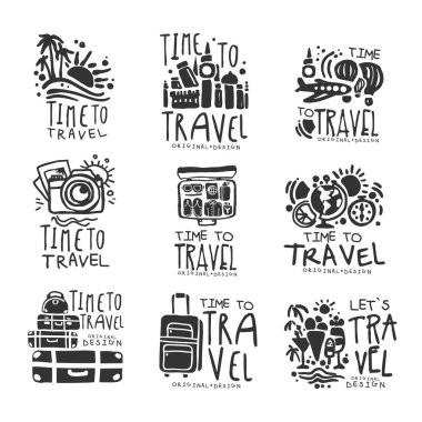 Seyahat için zaman etiket tasarımı için ayarlayın. Siyah vektör çizimler