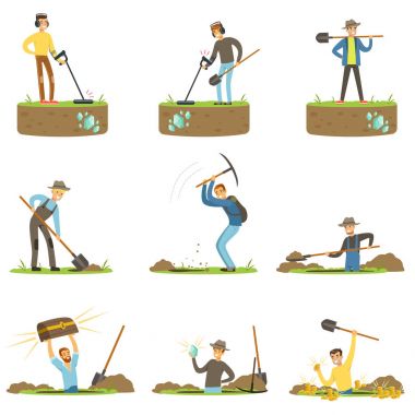 Treasure hunter, archaeologist, downshifter. People in search of treasure. Cartoon detailed Illustrations clipart
