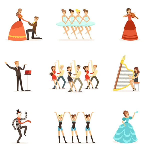 Classic Theater And Artistic Theatrical Performances Set Of Illustrations With Opera, Ballet And Drama Performers On Stage — Stock Vector