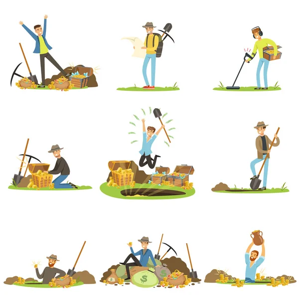 Treasure hunting, people in search of treasure. Cartoon detailed Illustrations — Stock Vector