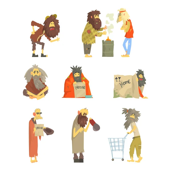 Conjunto de personas sin hogar, personajes con ropa sucia rasgada. Desempleo y problemas sin hogar vector de dibujos animados Ilustraciones — Vector de stock