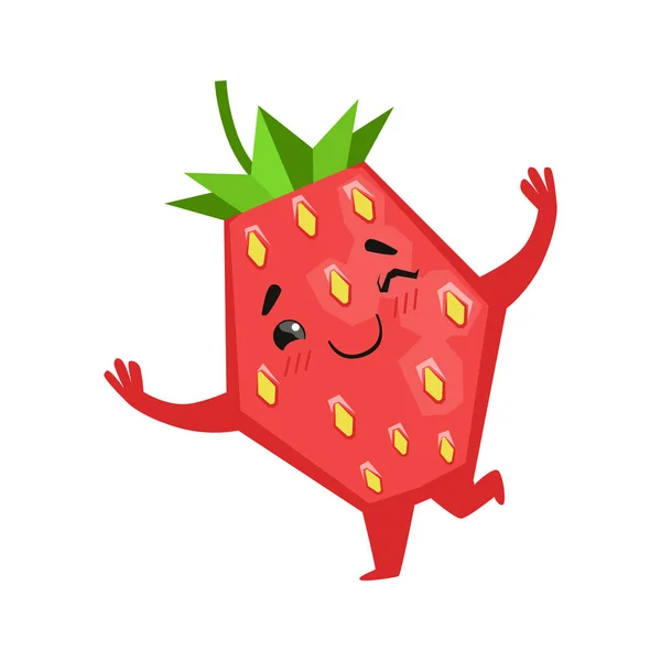 Felice divertente danza della fragola. Carino cartone animato emoji personaggio vettore Illustrazione — Vettoriale Stock