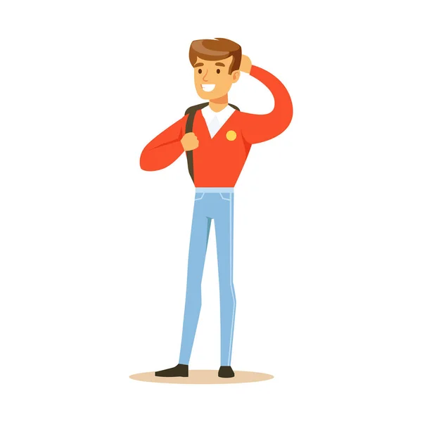 Joven hombre sonriente con una camisa roja de pie con mochila. Estudiante estilo de vida colorido carácter vector Ilustración — Vector de stock