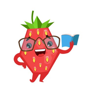 Kitap okuma gözlük komik çilek. Sevimli çizgi emoji karakter vektör çizim