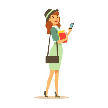 Beatuful öğrenci kız, moda bir duran ve smartphone tutan giysiler ve ellerinde kitaplar. Öğrenci yaşam tarzı renkli karakter vektör çizim