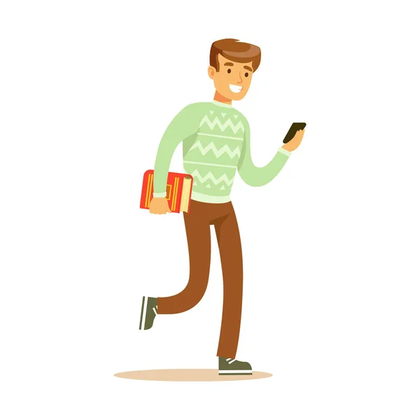 Um jovem caminhando e segurando um livro e um smartphone em suas mãos. Estilo de vida estudantil vetor de caráter colorido Ilustração —  Vetores de Stock