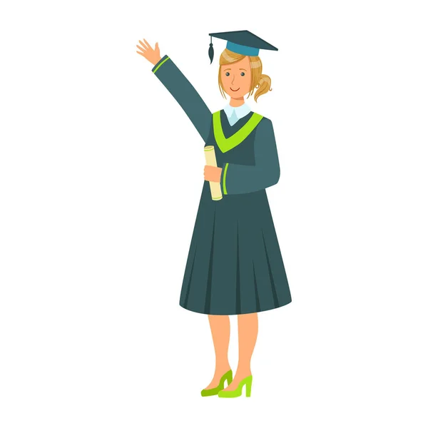 Laureata studentessa in mantello in possesso di diploma di scorrimento e alzando la mano. Illustrazione colorata del cartone animato — Vettoriale Stock