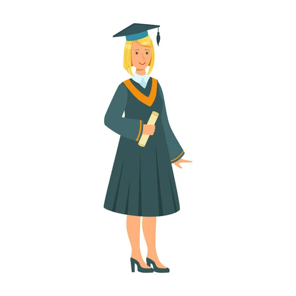 Chica graduada en el manto con diploma de graduación de desplazamiento. Dibujos animados coloridos ilustración — Vector de stock