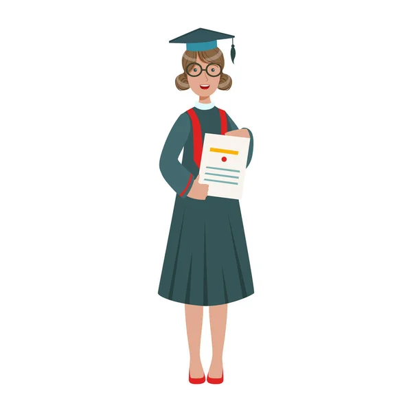 Laureata studentessa in abito cap mostrando diploma. Illustrazione colorata del cartone animato — Vettoriale Stock